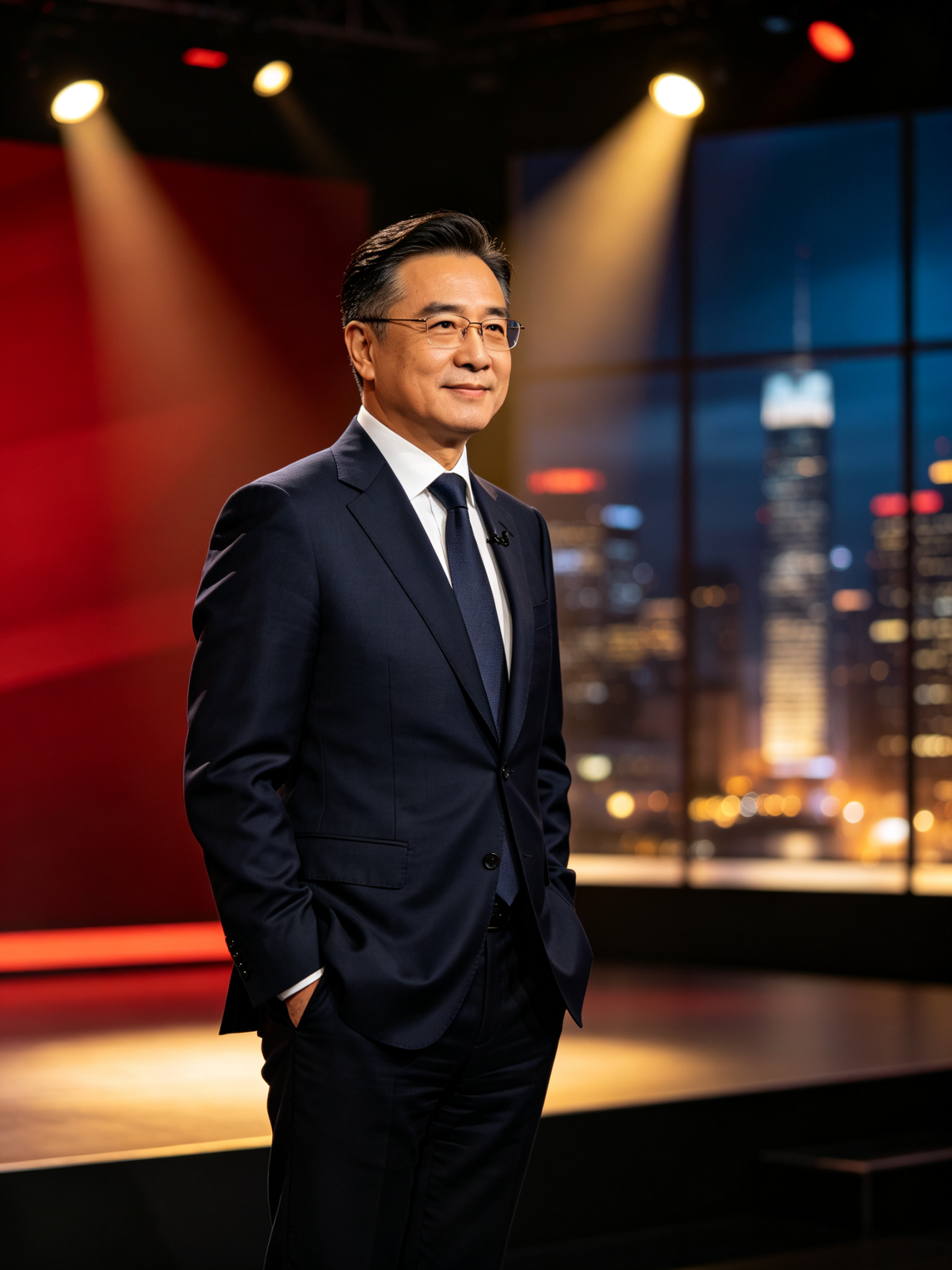 企业家在演播厅舞台上的个人品牌形象照