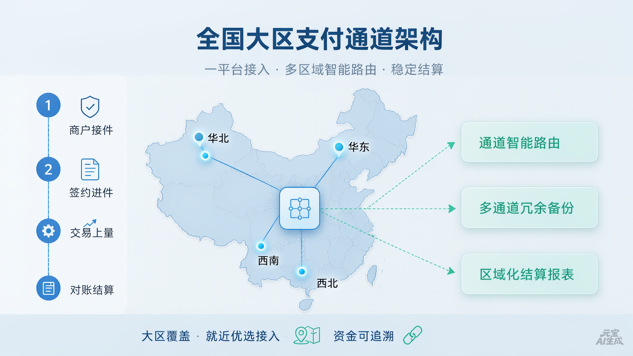 图1：全国大区支付通道架构示意——多区域汇聚到统一平台枢纽