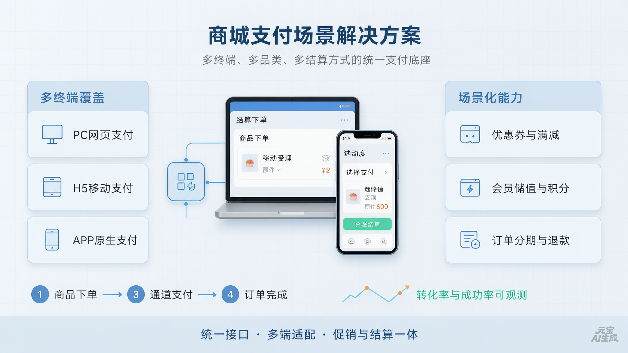 图1：商城支付场景解决方案——多终端汇聚到统一支付底座
