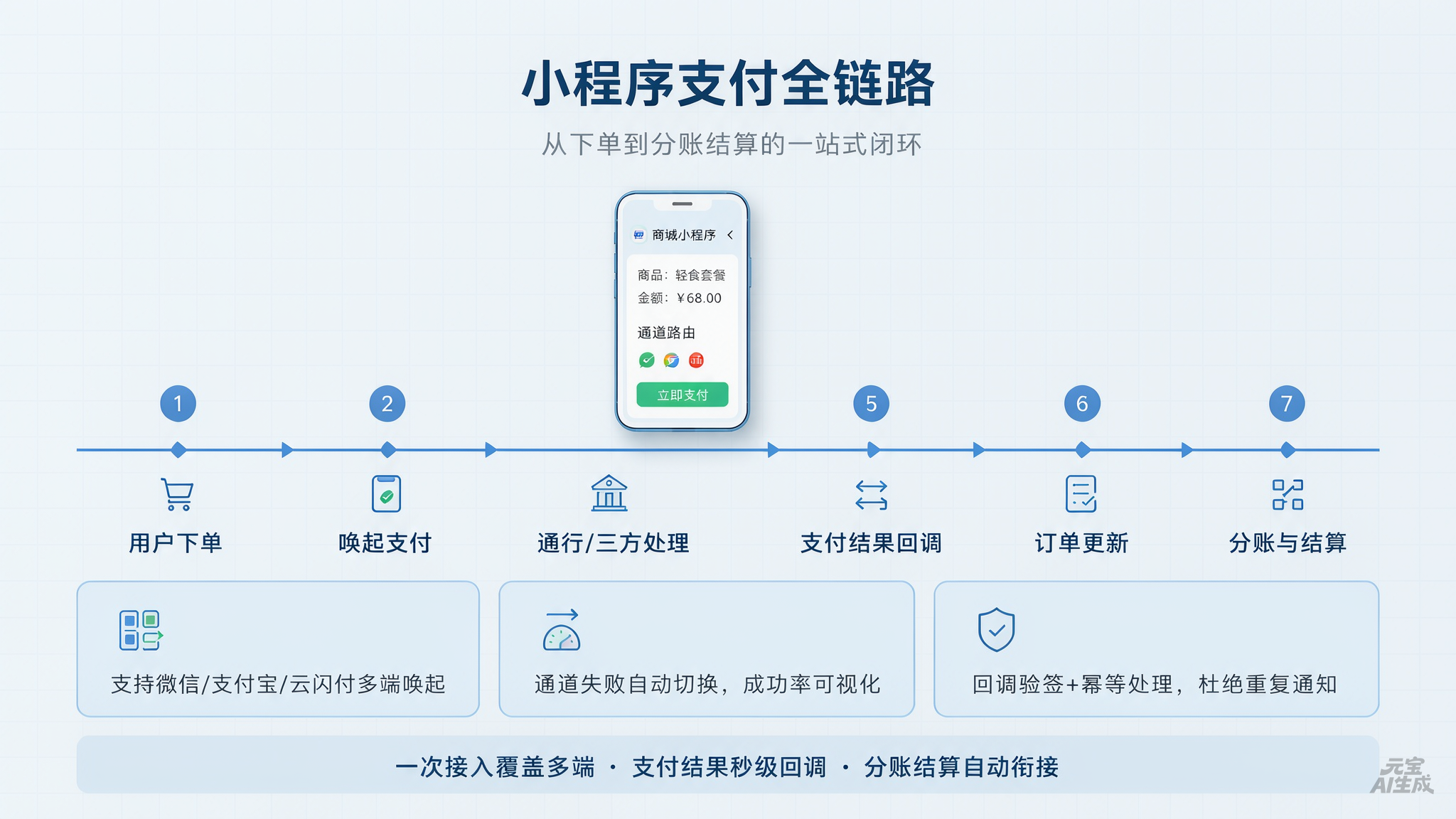 图1：小程序支付全链路流程示意——从下单到分账结算的闭环
