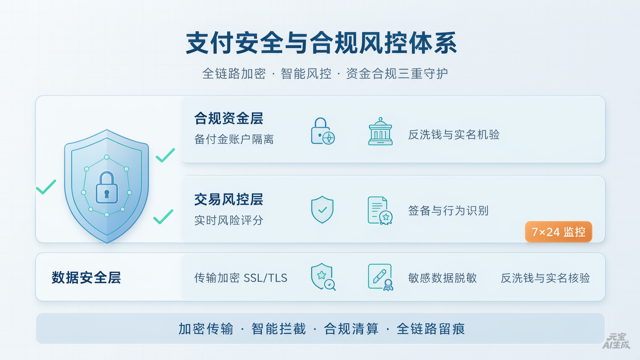 图1:支付安全与合规风控体系——数据、风控、资金三层防护