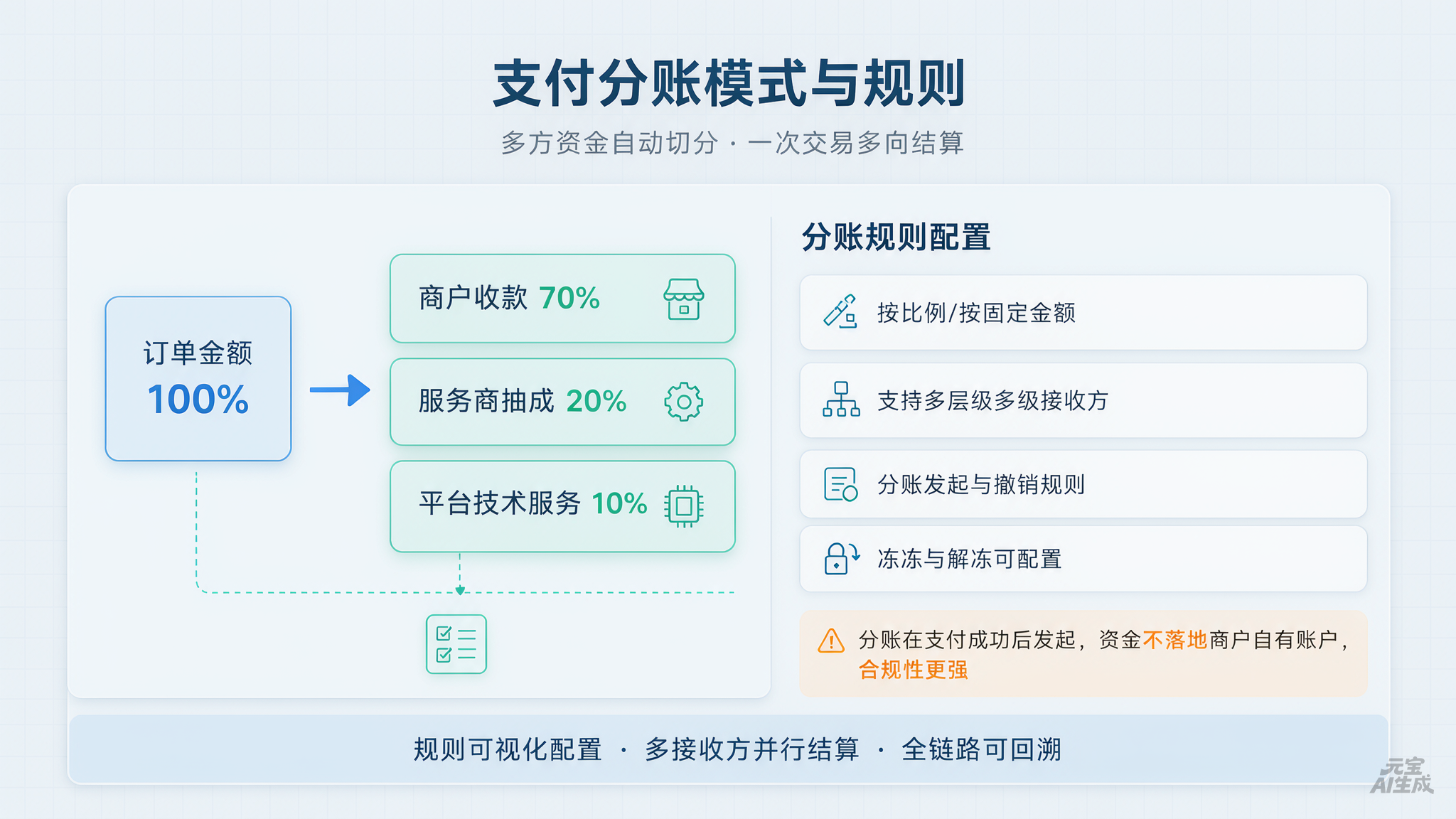 图1:支付分账模式与规则示意——订单金额按比例自动切分
