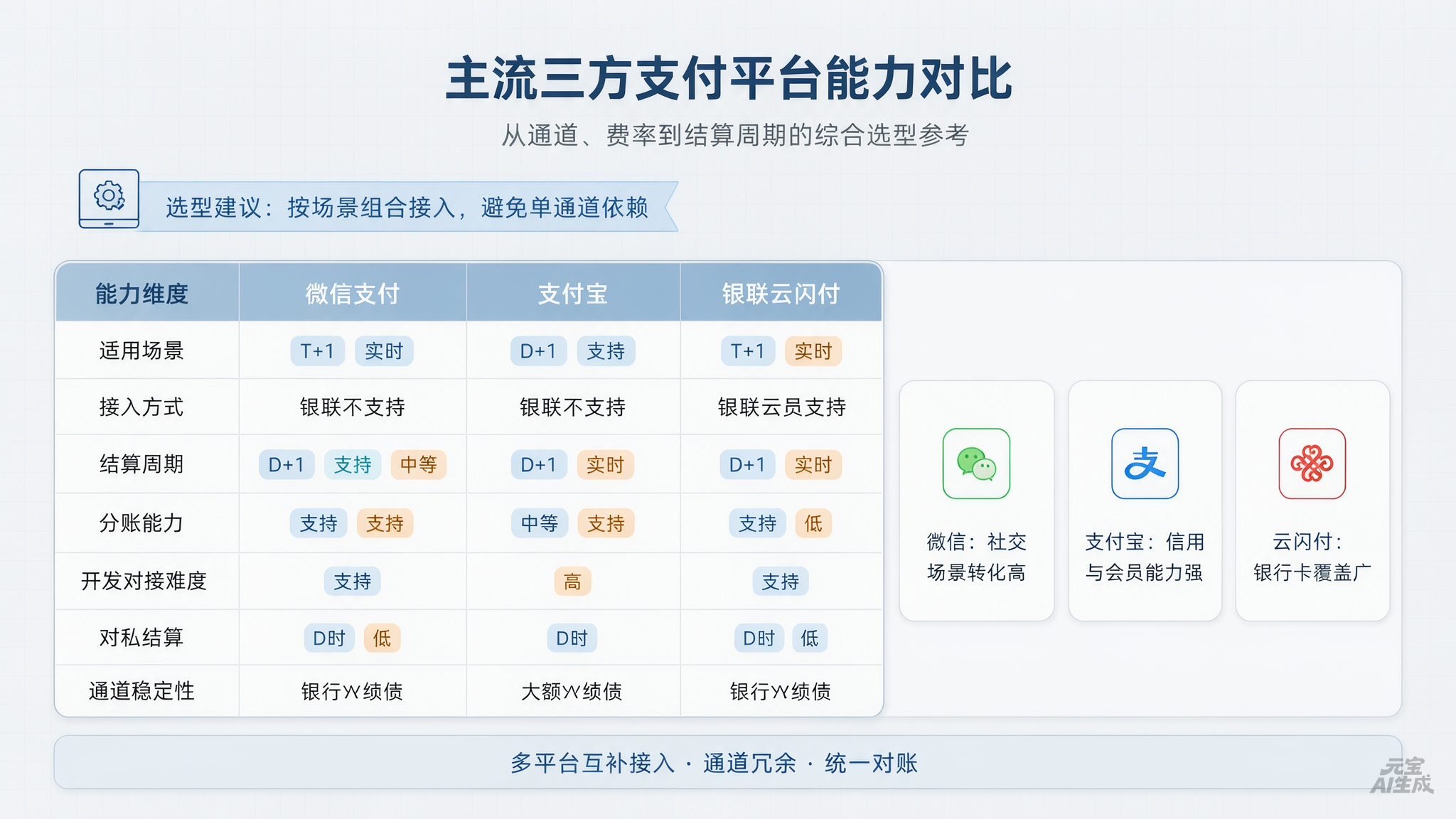 图1:主流三方支付平台能力对比示意——多维度选型参考